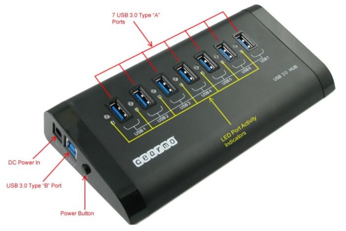 USB 3.0 7-Port Hub Labeled Ports