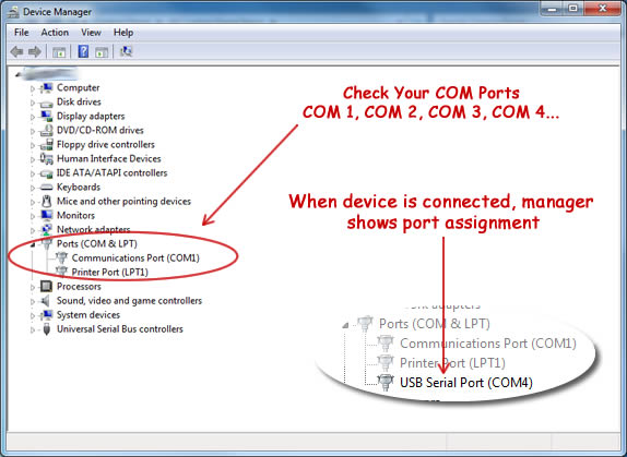 Windows device manager showing serial device installed