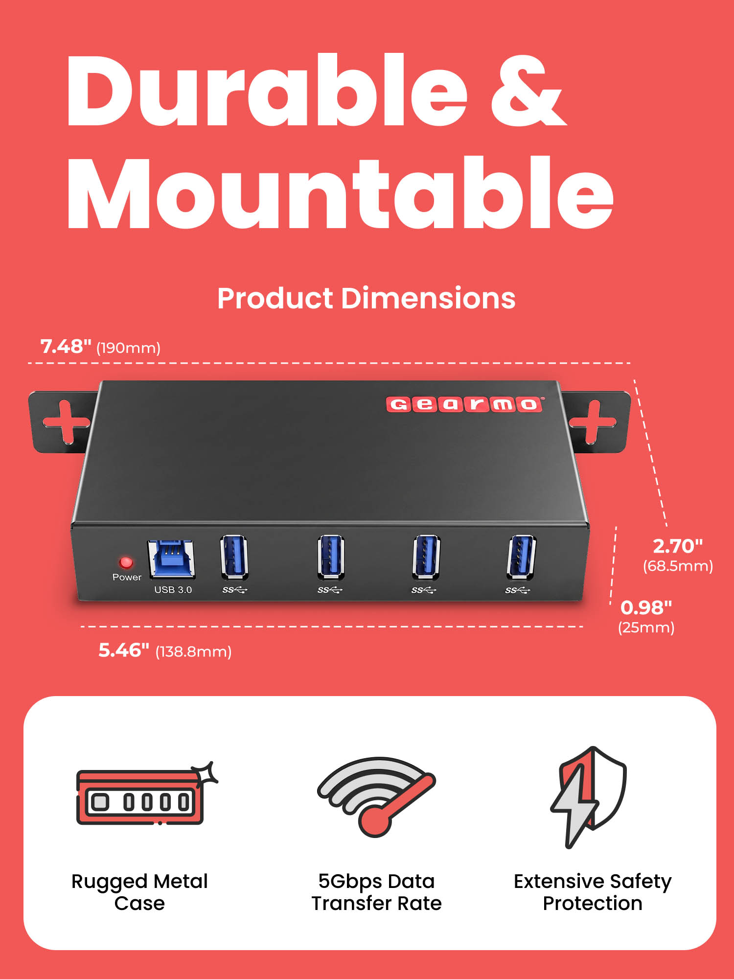 4-Port USB 3.0 Rugged Industrial Din Rail Mount Hub - Image 3