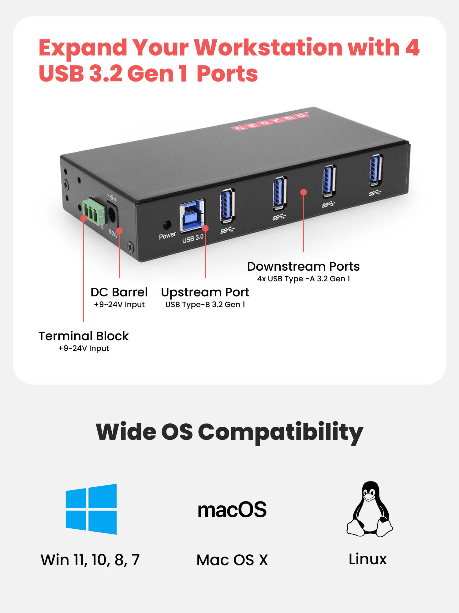 4-Port USB 3.0 Rugged Industrial Din Rail Mount Hub - Image 4