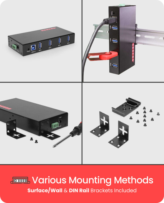 USB 3.0 4 Port Rugged Industrial Din Rail Mount Hub w/Power Adapter - Image 4