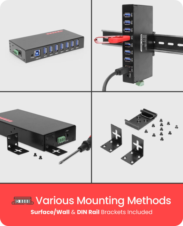 USB 3.0 7 Port Din Rail Mountable Hub Metal Chassis Power Adapter - Image 4