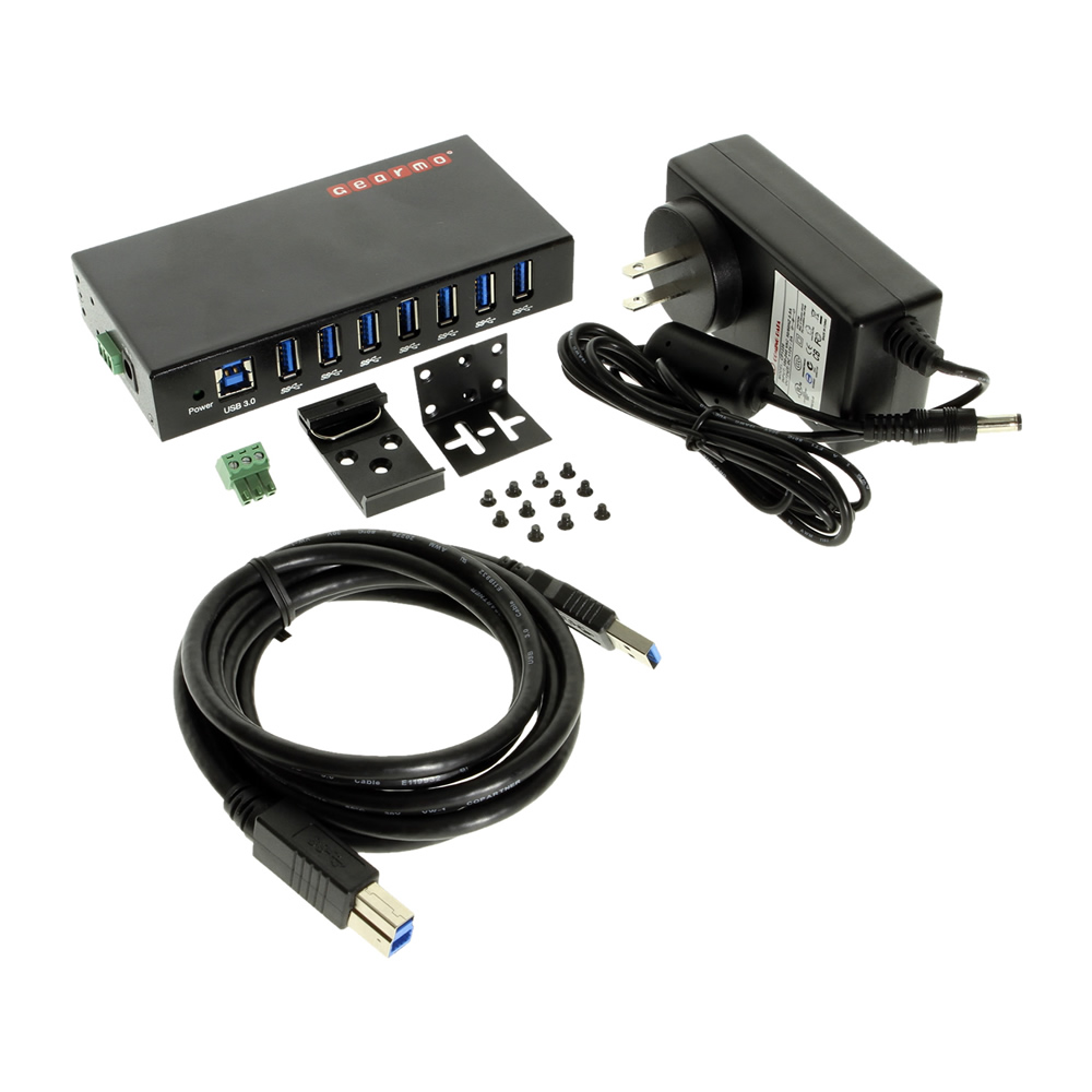 USB 3.0 7 Port Din Rail Mountable Hub Metal Chassis Power Adapter