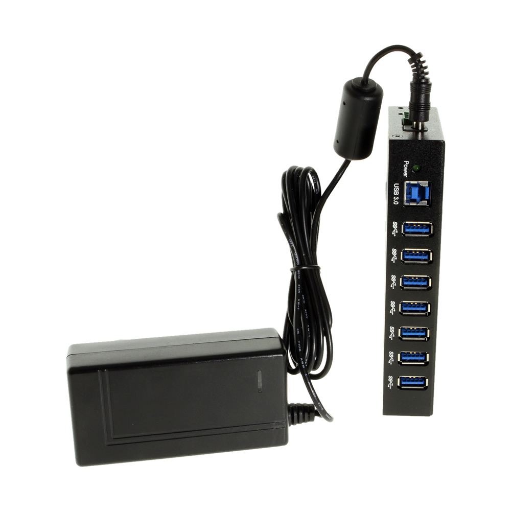 Multifunctional Extended high-Speed Transmission Metal Enclosure Powered USB Expander and Splitter Hub 5 Gbps Hub with 12V/3A Power Adapter 7 Port USB 3.0 Hub