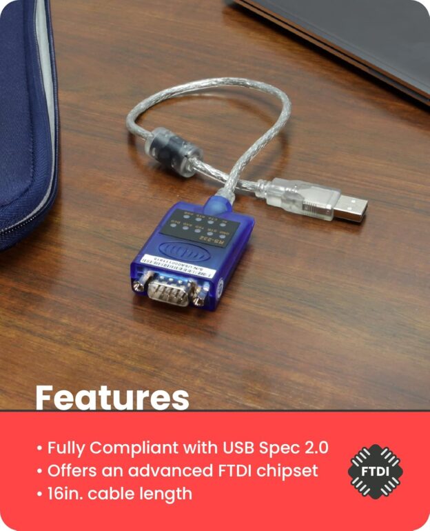 USB 2.0 RS-232 Serial Adapter 16 Inches w/ LED Indicators - Image 5