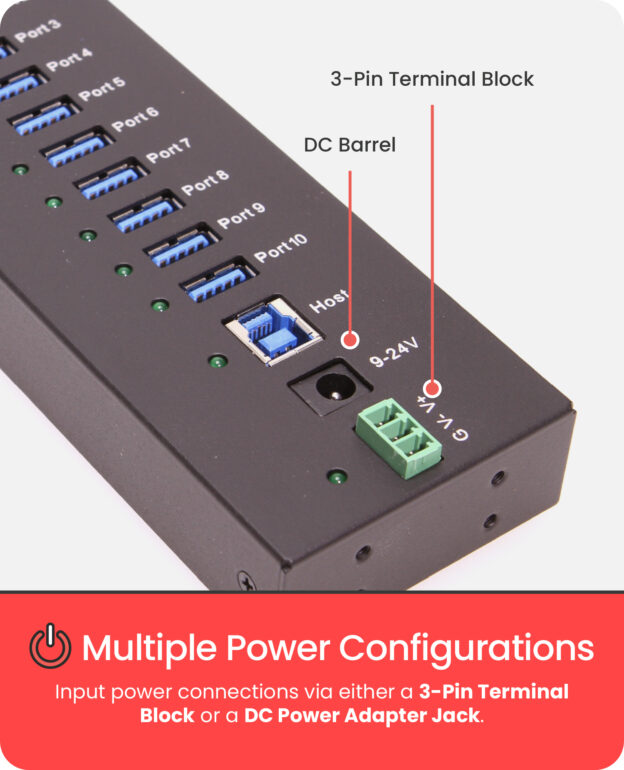 USB 3.2 Gen 1 10 Port Industrial Metal Hub w/15KV ESD Protection - Image 3