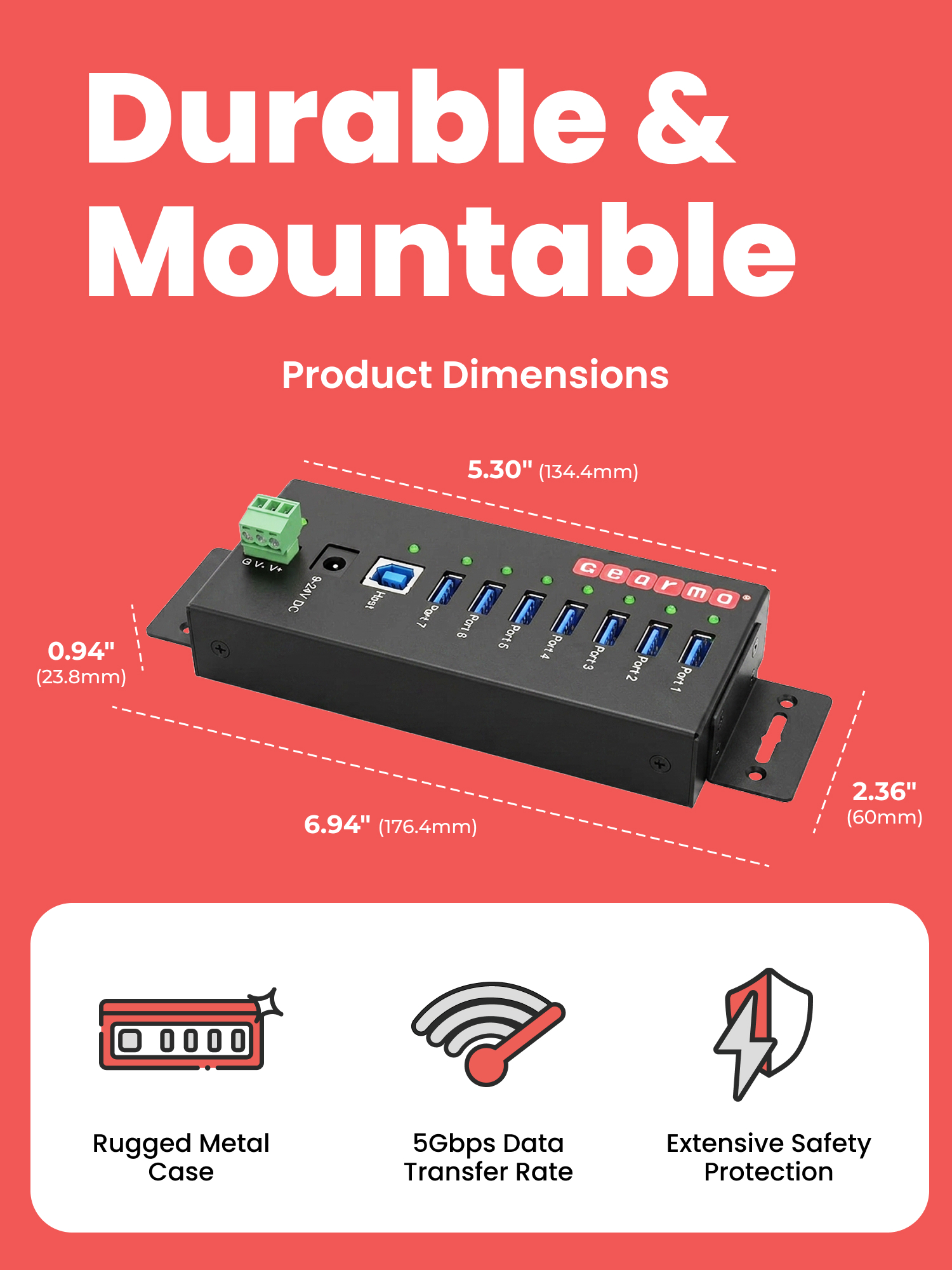 USB 3.0 7 Port Industrial Metal Hub w/15KV ESD Protection & Mounting - Image 3