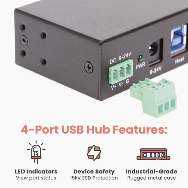 4-Port USB 3.2 Gen 1 Industrial Metal Hub w/15KV ESD Protection - Image 5
