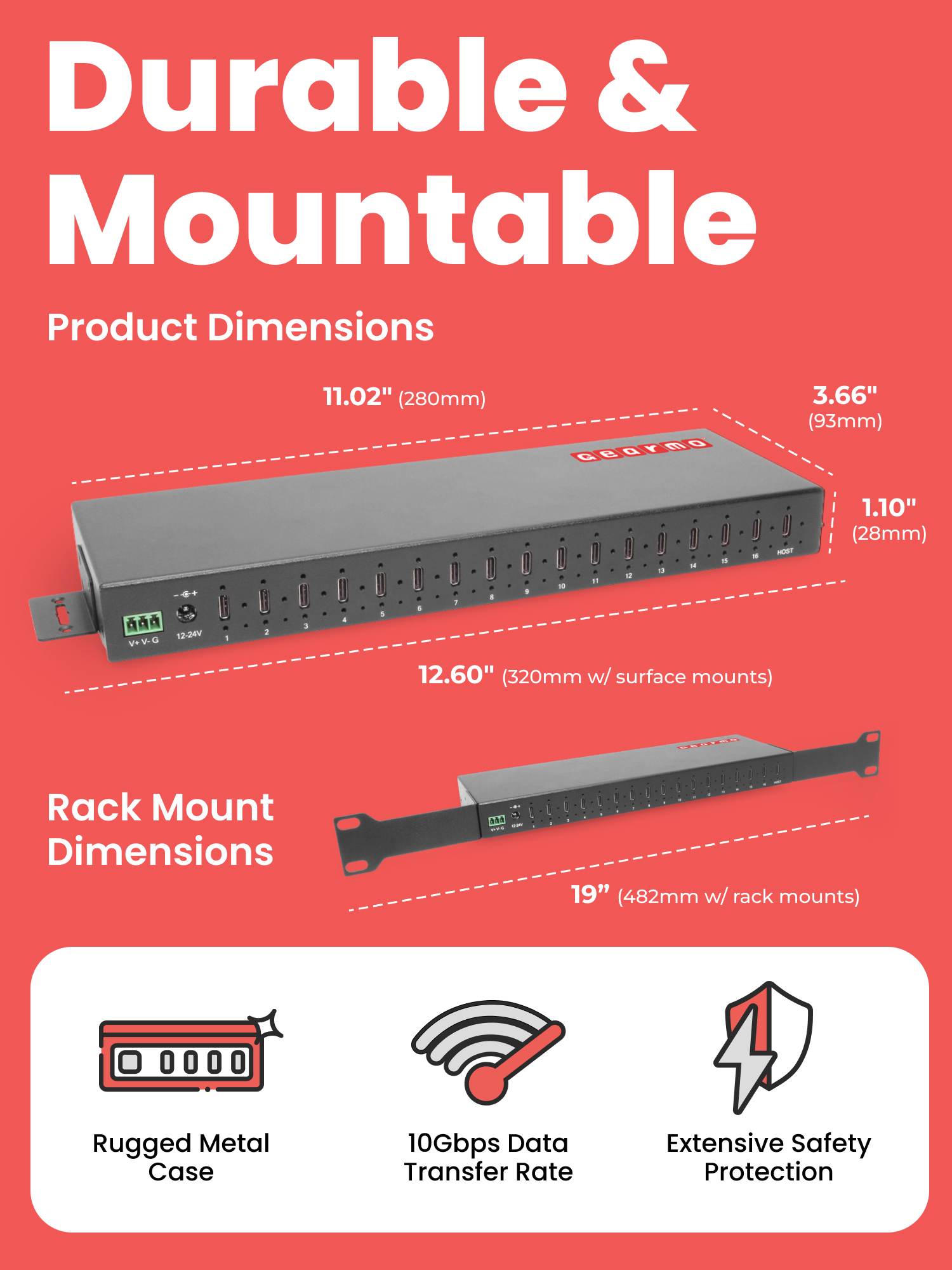 16-Port USB 3.2 Gen 2 Type-C Industrial Rack Mount Compatible Hub w/ ESD Surge Protection - Image 3