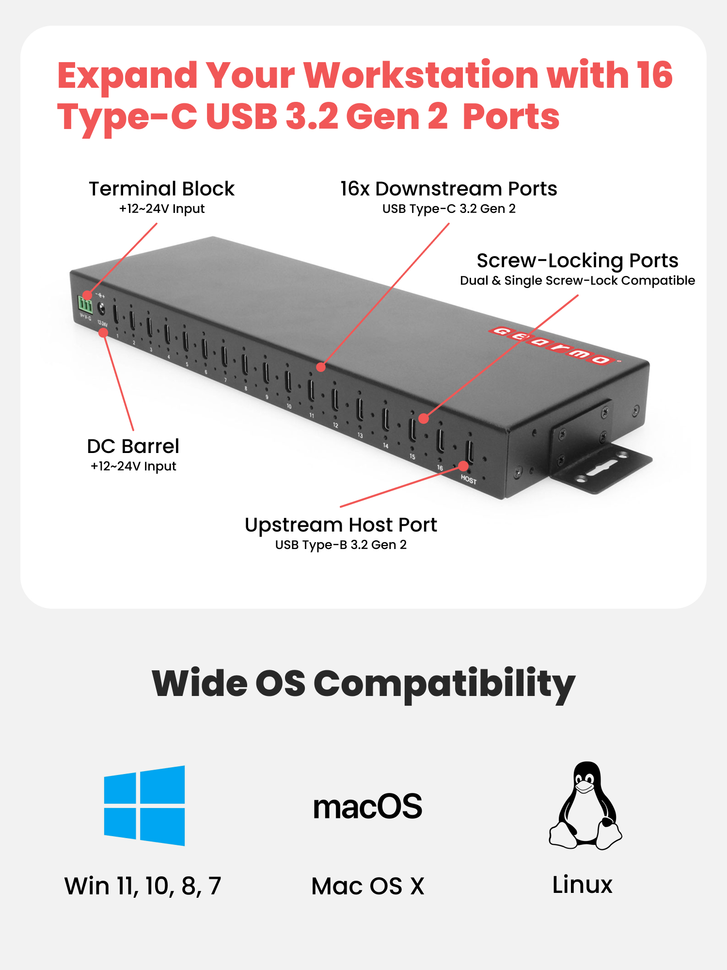 16-Port USB 3.2 Gen 2 Type-C Industrial Rack Mount Compatible Hub w/ ESD Surge Protection - Image 4