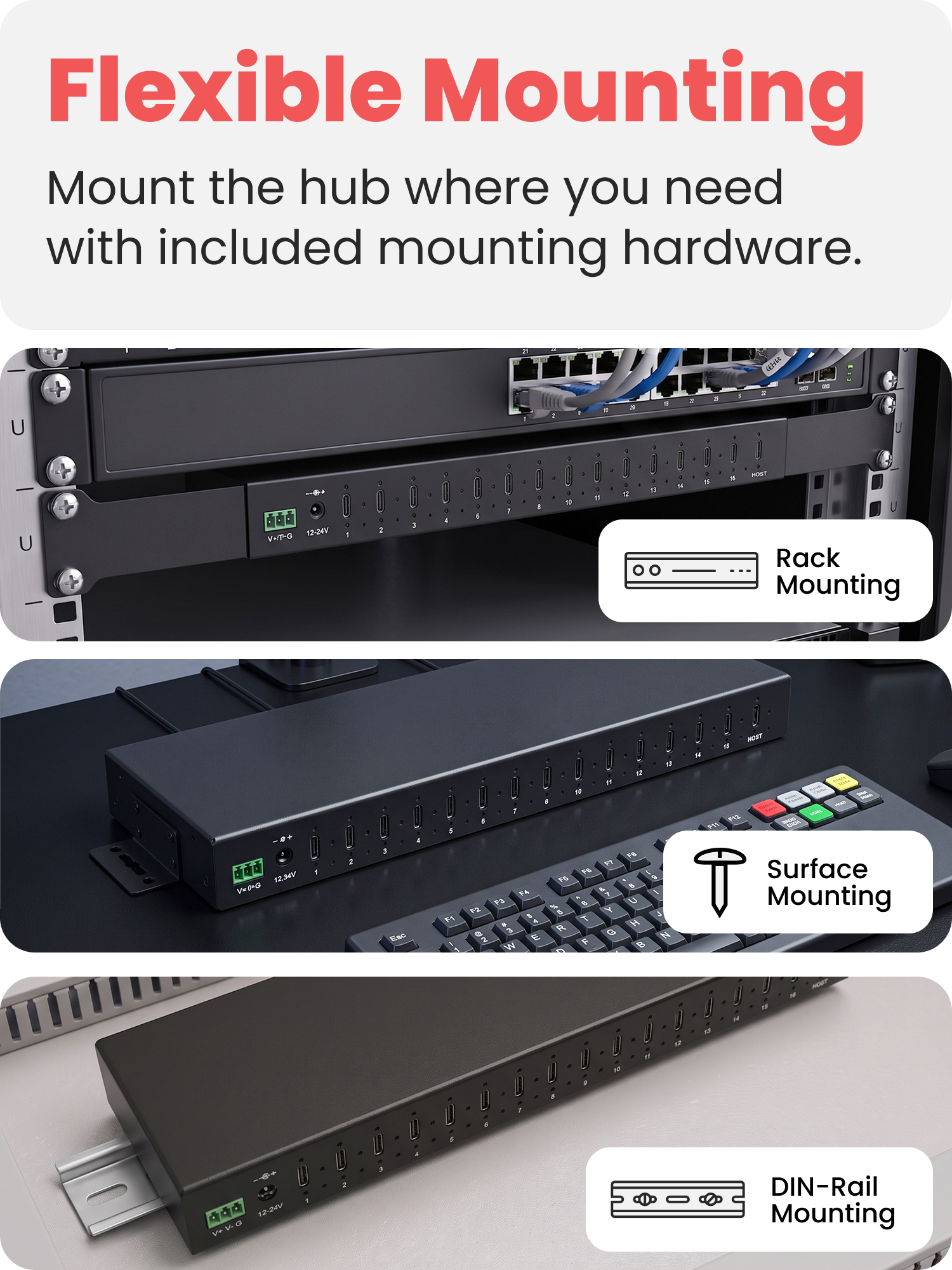 16-Port USB 3.2 Gen 2 Type-C Industrial Rack Mount Compatible Hub w/ ESD Surge Protection - Image 6