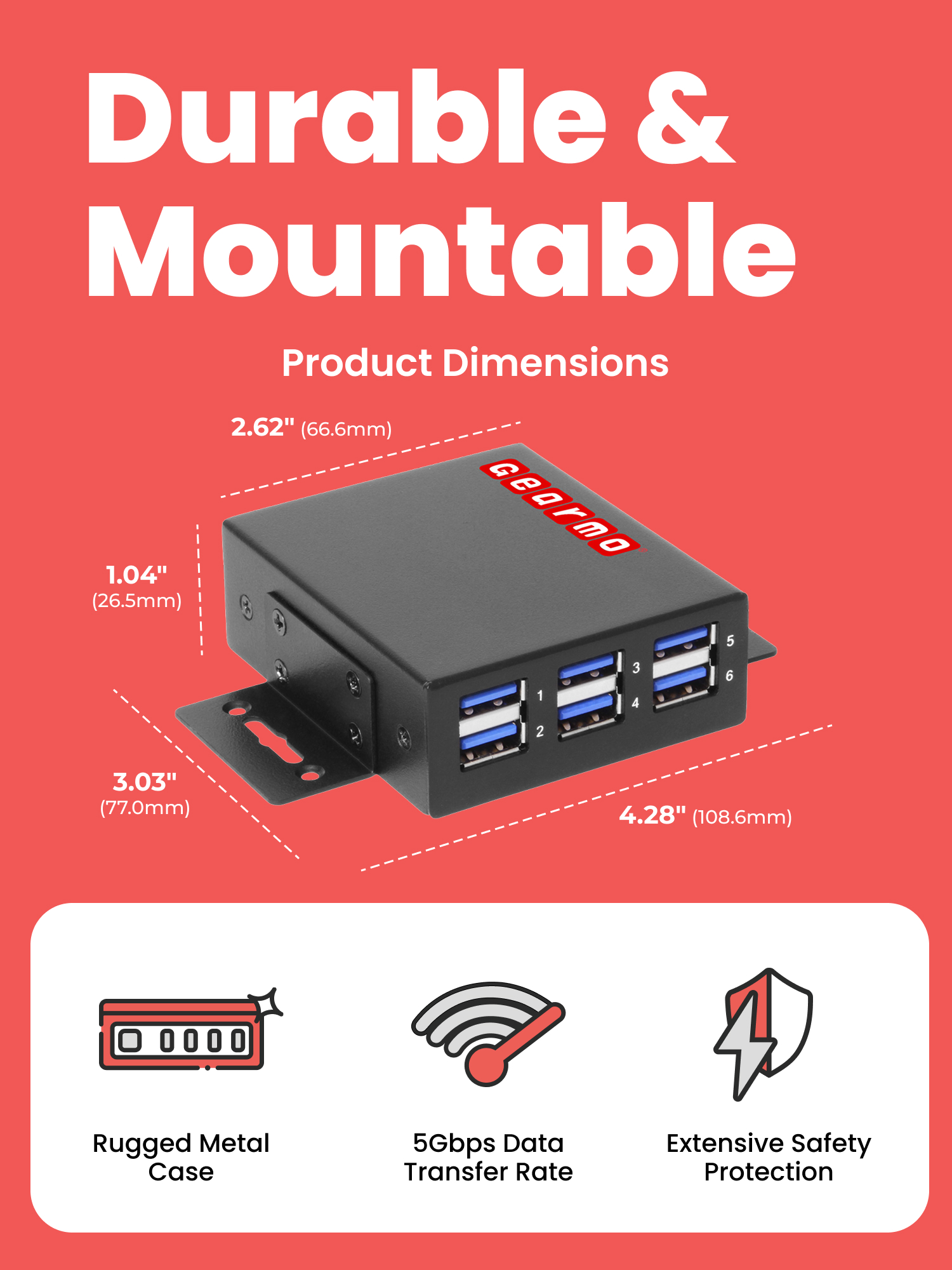 6-Port USB 3.2 Gen 1 Industrial Metal Hub w/15KV ESD Protection - Image 3