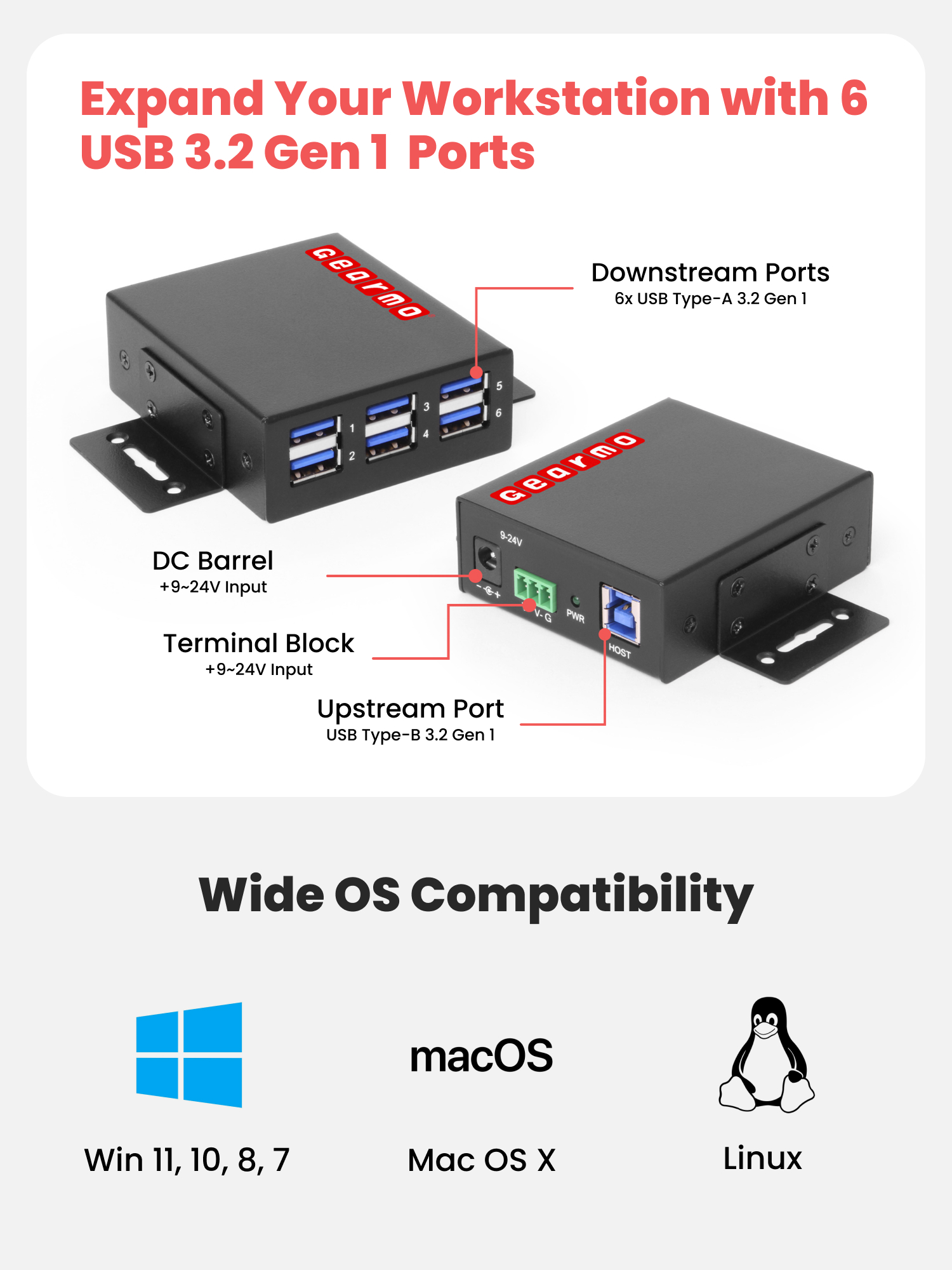 6-Port USB 3.2 Gen 1 Industrial Metal Hub w/15KV ESD Protection - Image 4