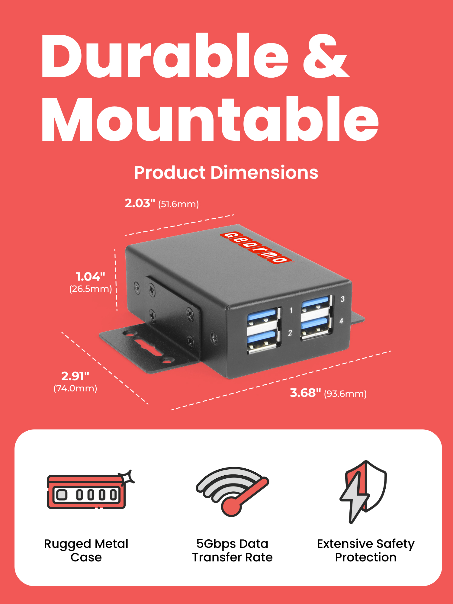 4-Port USB 3.2 Gen 1 Slim Industrial Metal Hub w/15KV ESD Protection - Image 3
