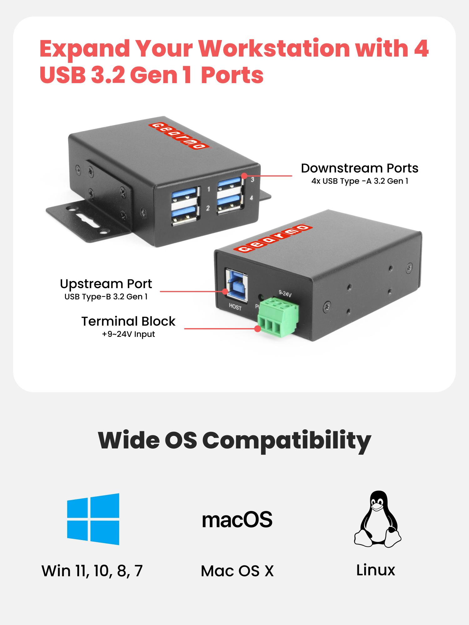 4-Port USB 3.2 Gen 1 Slim Industrial Metal Hub w/15KV ESD Protection - Image 4