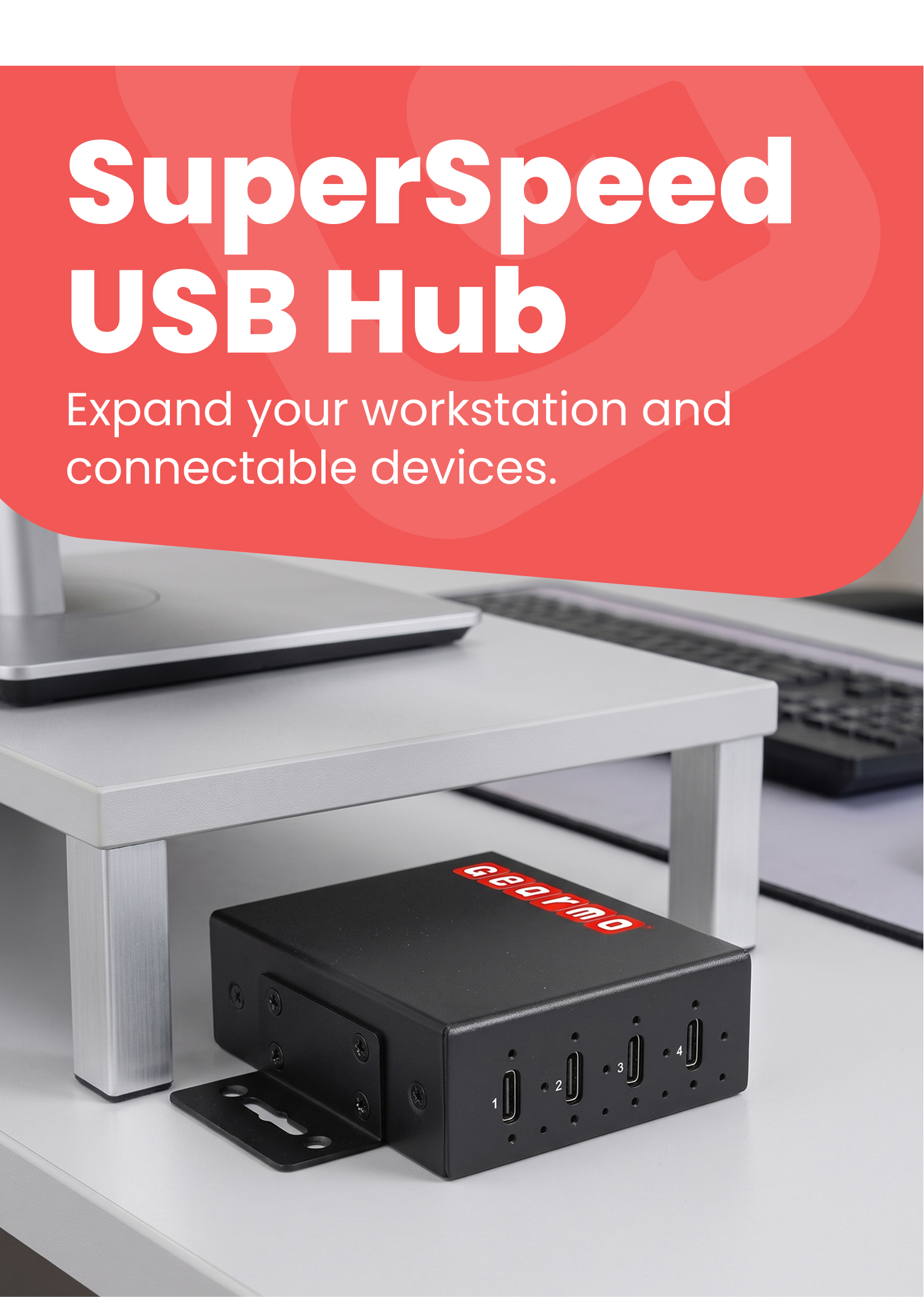 4-Port USB 3.2 Gen 2 Type-C Slim Industrial Metal Hub w/15KV ESD Protection & Power Adapter Included - Image 2