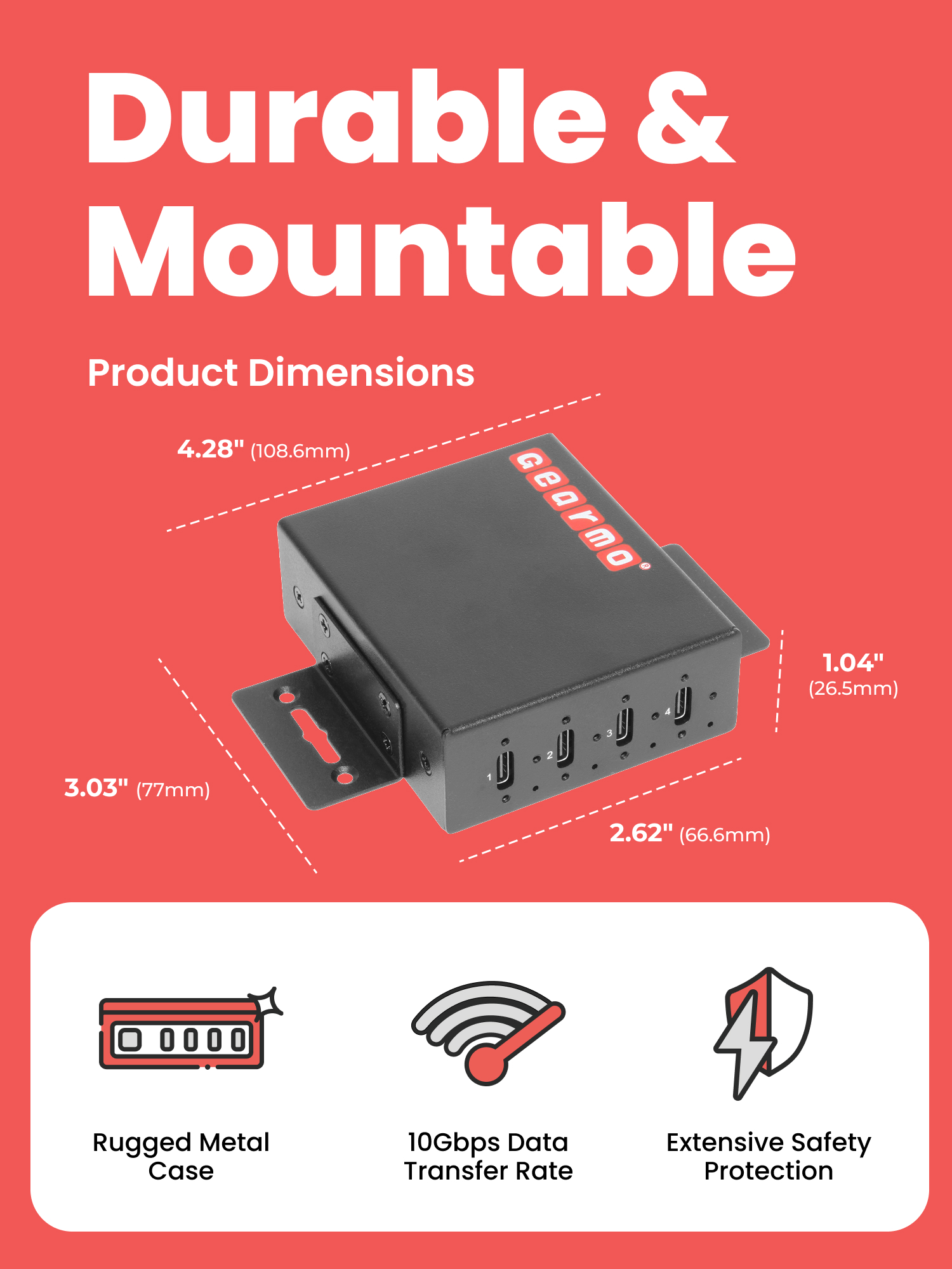 4-Port USB 3.2 Gen 2 Type-C Slim Industrial Metal Hub w/15KV ESD Protection & Power Adapter Included - Image 3