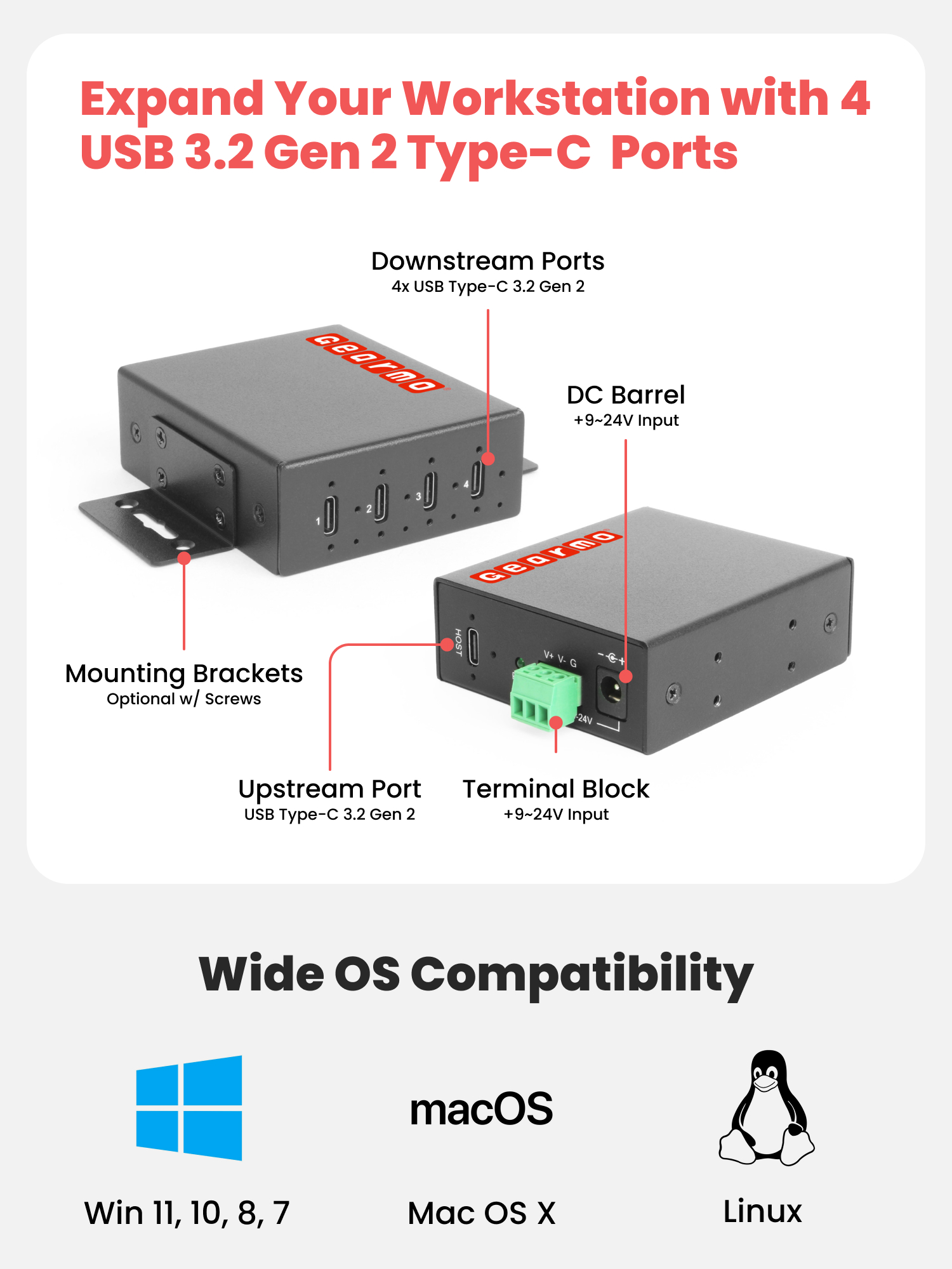 4-Port USB 3.2 Gen 2 Type-C Slim Industrial Metal Hub w/15KV ESD Protection & Power Adapter Included - Image 4