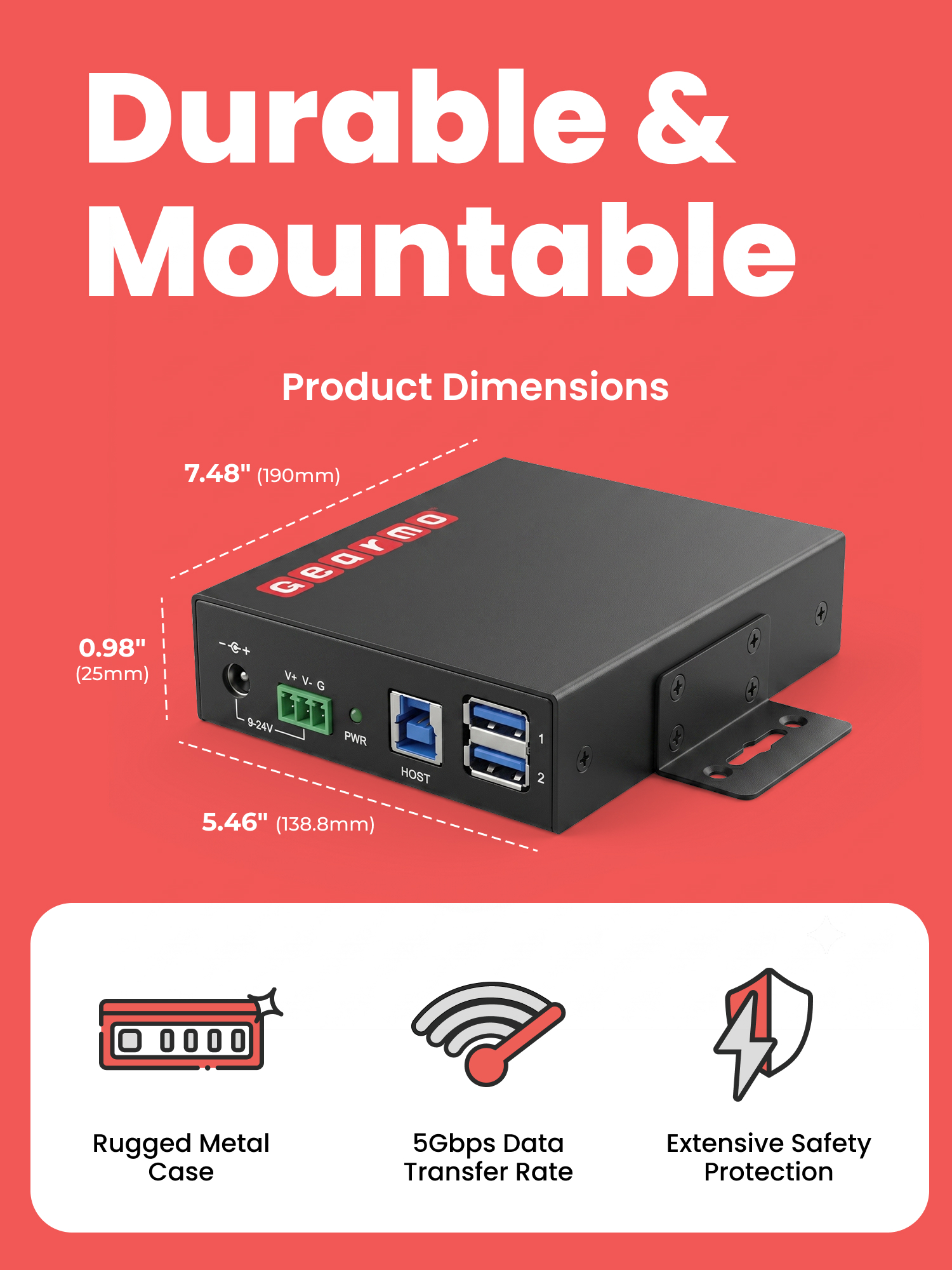 10-Port USB 3.2 Gen 1 Industrial Metal Hub w/15KV ESD Protection - Image 3