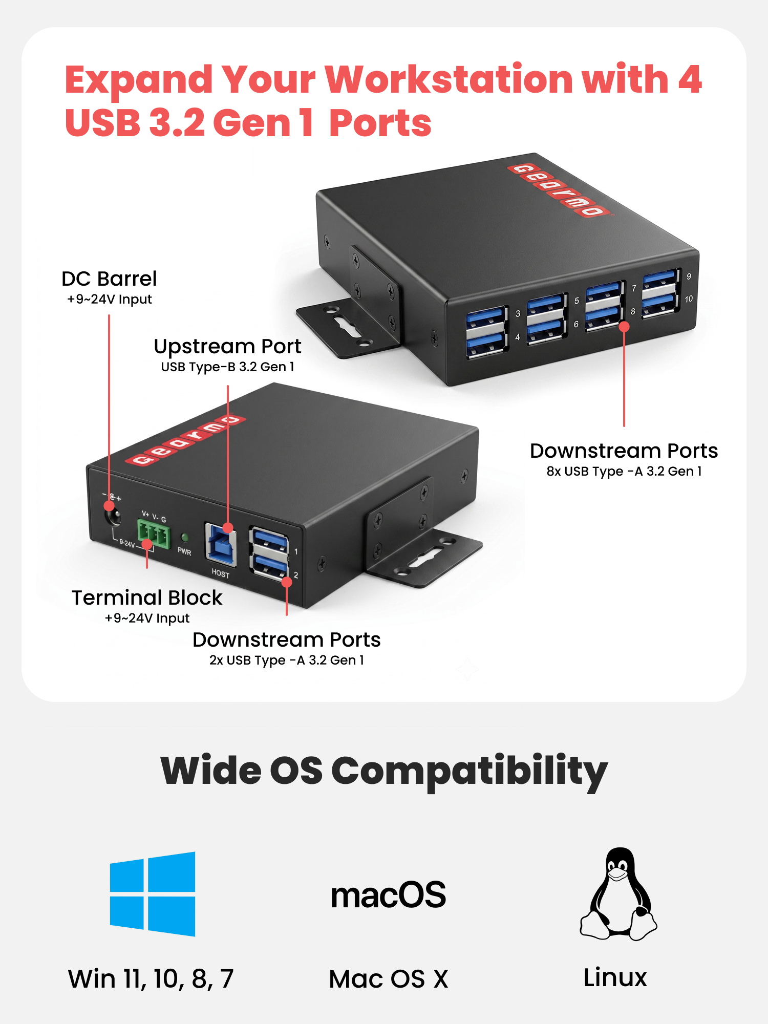 10-Port USB 3.2 Gen 1 Industrial Metal Hub w/15KV ESD Protection - Image 4