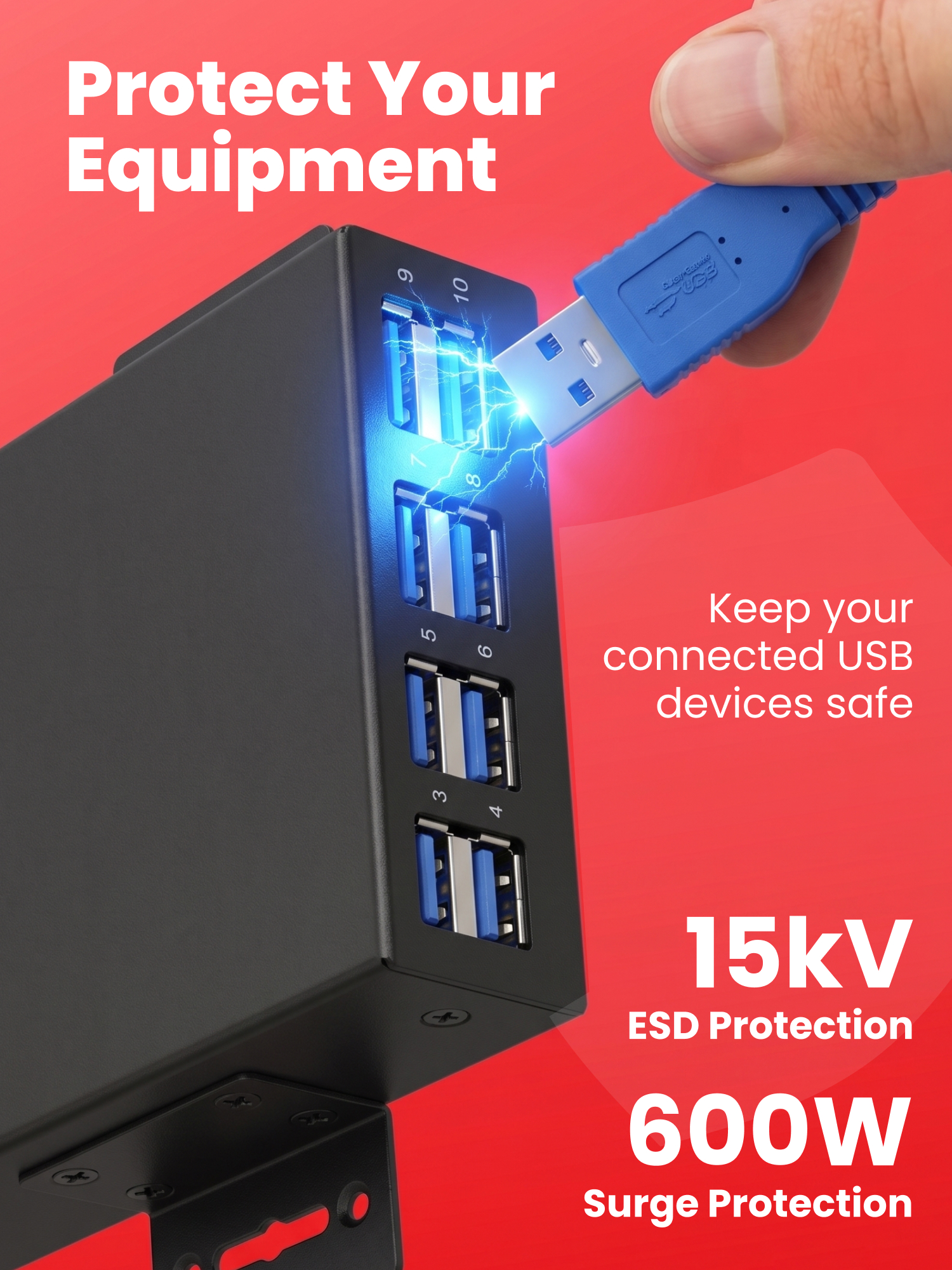 10-Port USB 3.2 Gen 1 Industrial Metal Hub w/15KV ESD Protection - Image 7